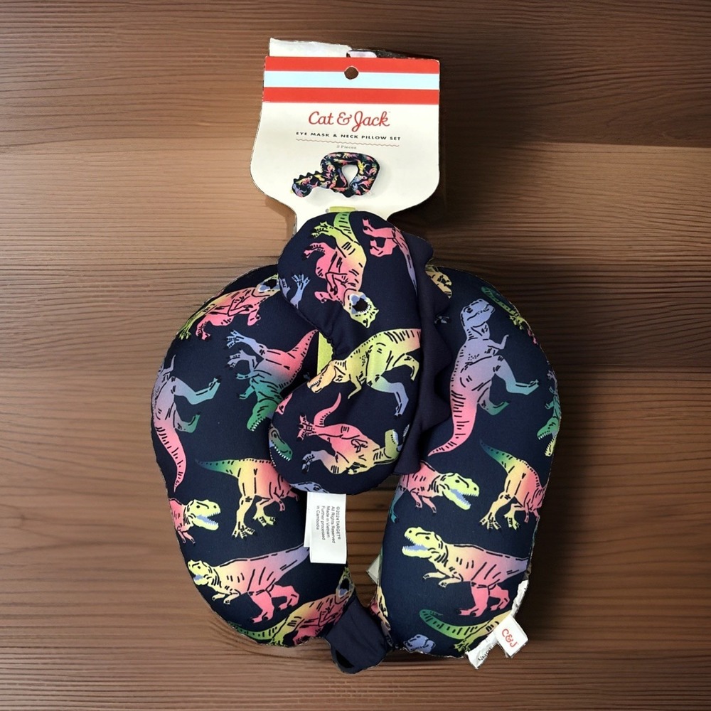 Dinosaur Eye Mask & Neck Pillow Set Kids Travel Dino Soft T Rex